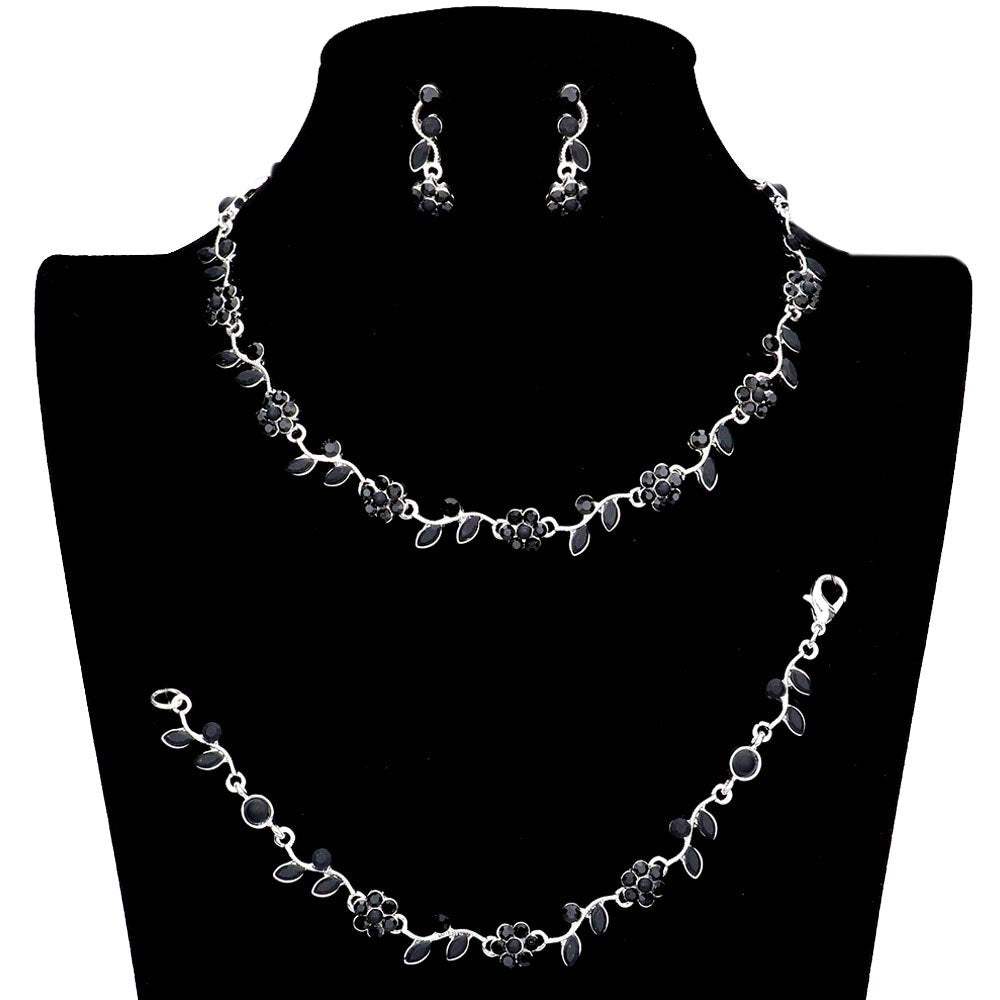 3PCS Flower Leaf Cluster Rhinestone Necklace Jewelry Set - Madeline Love - Flyclothing LLC