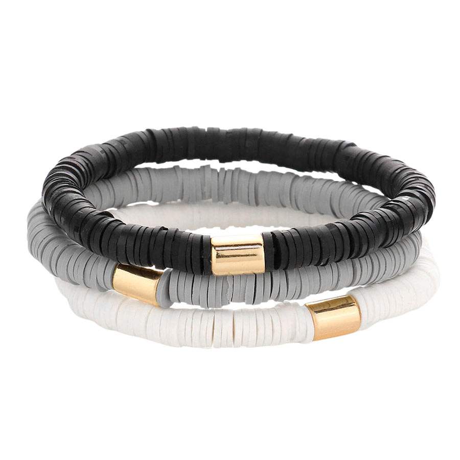3PCS Metal Cylinder Heishi Beaded Stretch Bracelets - Madeline Love - Flyclothing LLC