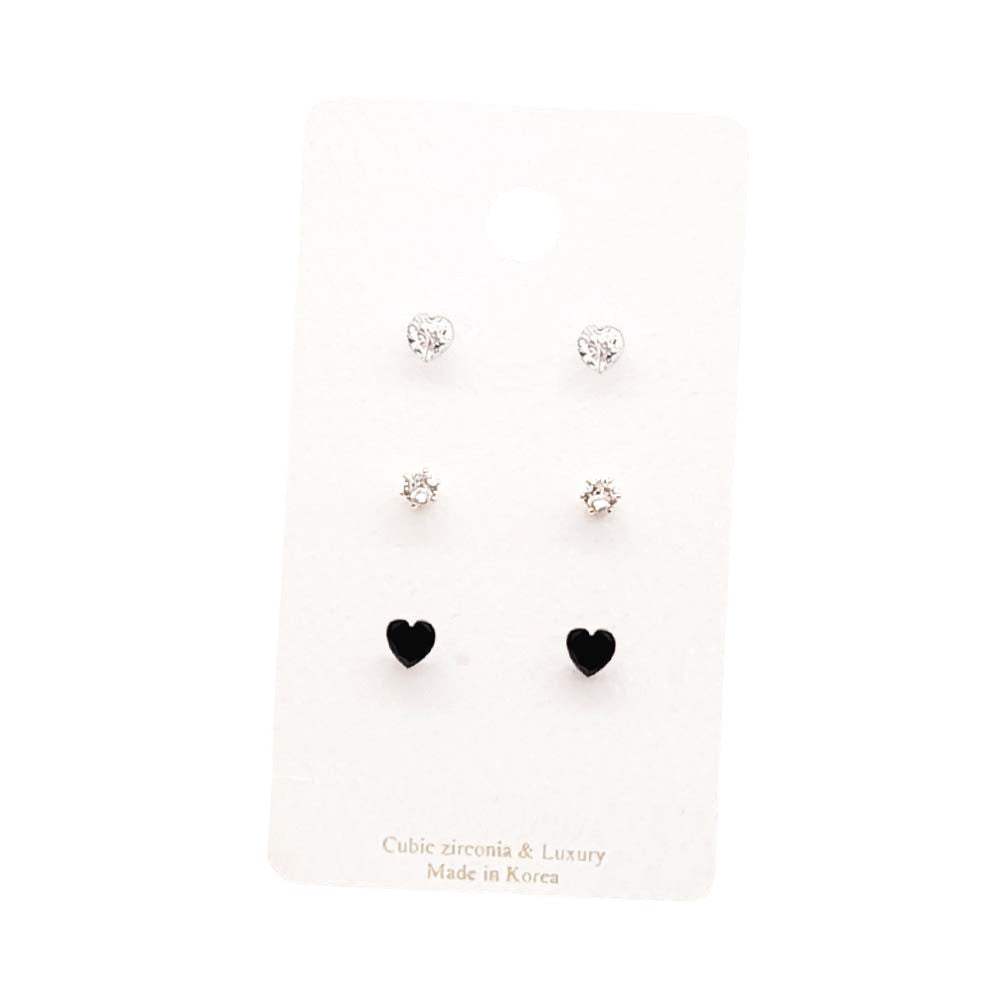 3Pairs - CZ Heart Round Stud Earrings Set - Madeline Love - Flyclothing LLC