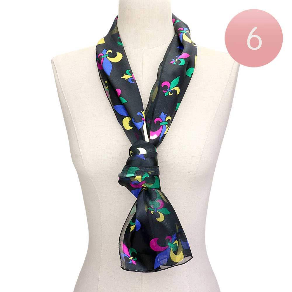 6PCS Silk Satin Mardi Gras Fleur de Lis Patterned Scarves - Madeline Love - Flyclothing LLC