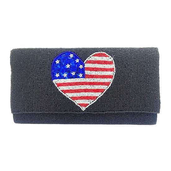 American USA Flag Heart Seed Beaded Clutch Crossbody Bag - Madeline Love - Flyclothing LLC