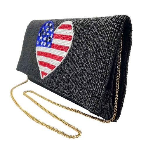 American USA Flag Heart Seed Beaded Clutch Crossbody Bag - Madeline Love - Flyclothing LLC