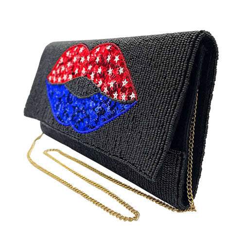 American USA Flag Lips Seed Beaded Clutch Crossbody Bag - Madeline Love - Flyclothing LLC
