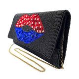 American USA Flag Lips Seed Beaded Clutch Crossbody Bag - Madeline Love - Flyclothing LLC