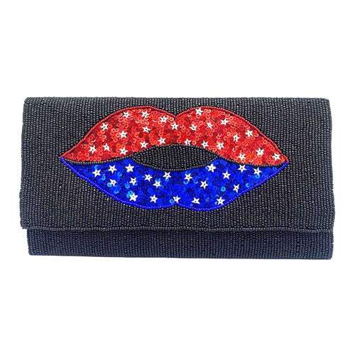 American USA Flag Lips Seed Beaded Clutch Crossbody Bag - Madeline Love - Flyclothing LLC