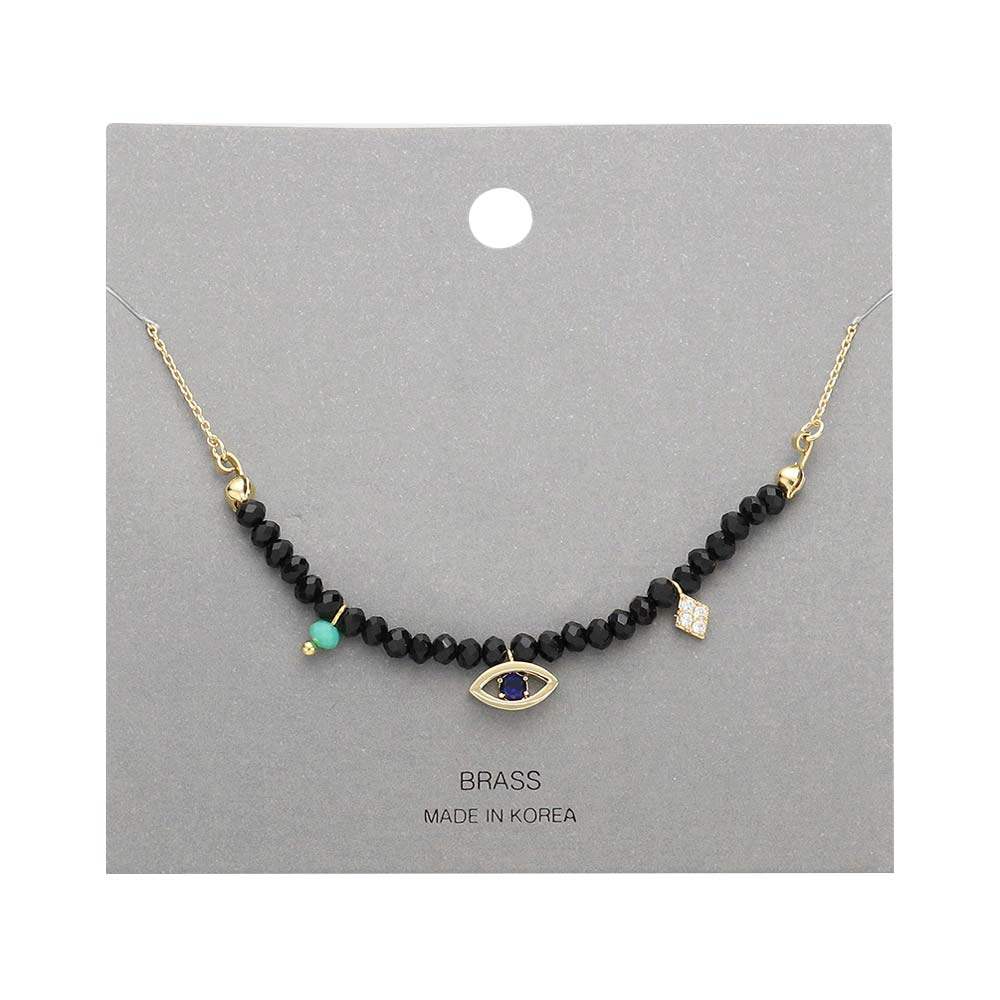 Brass Metal Evil Eye Accented Faceted Beaded Necklace - Madeline Love - Flyclothing LLC
