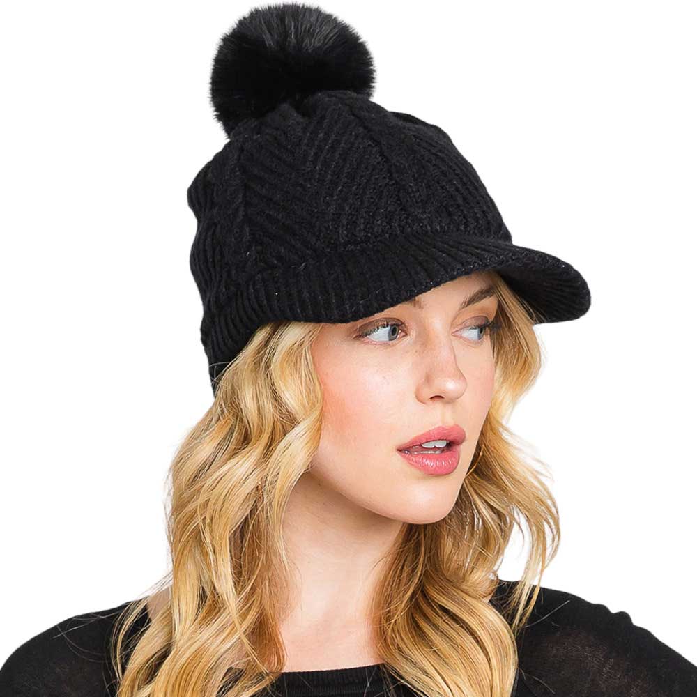 Chevron Patterned Faux Fur Pom Pom Knit Cap - Madeline Love - Flyclothing LLC