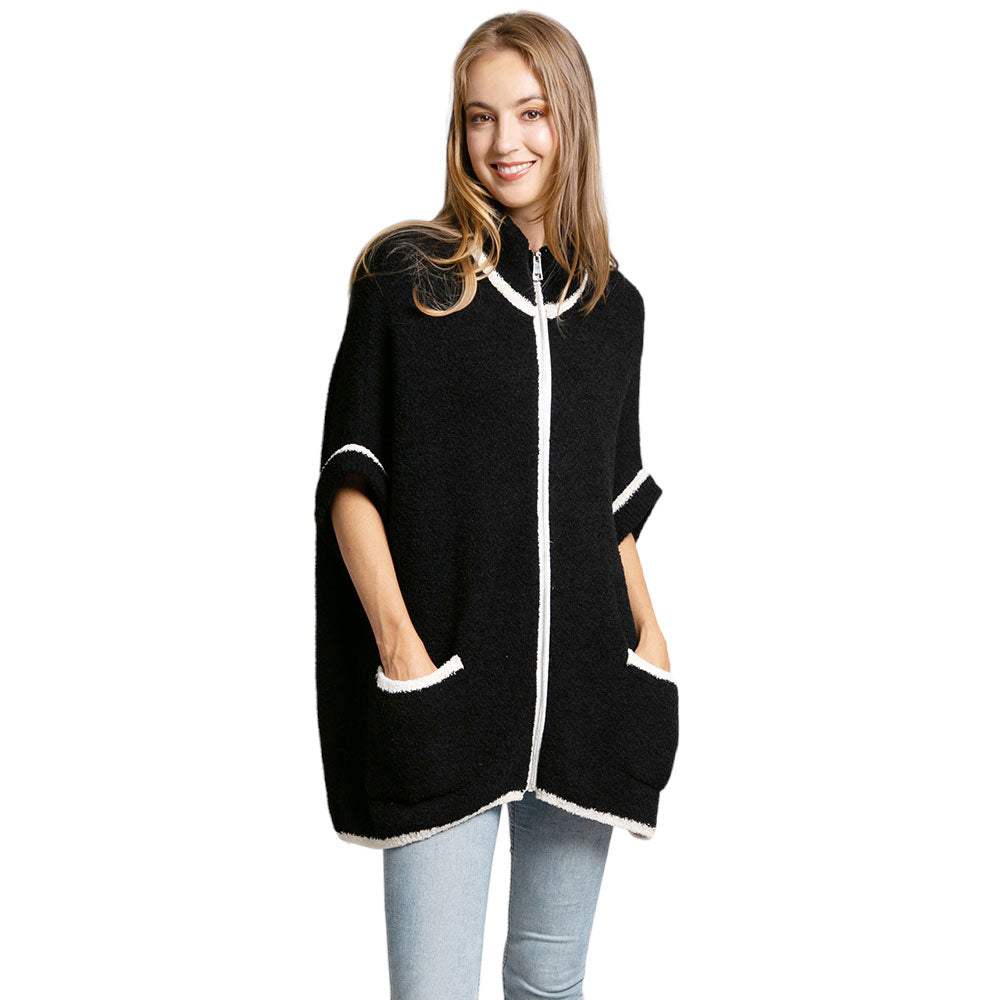 Colored Edge Front Pockets Zipper Cape Ruana Jacket - Madeline Love - Flyclothing LLC
