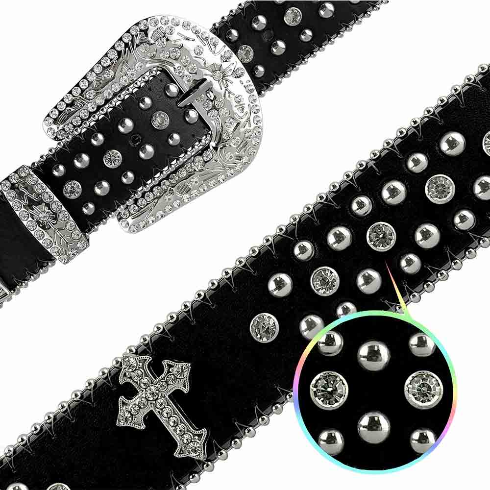 Black Cross Stones With Studs And White Stones Studded Rhinestones Belts - Rhinestone Belt Store - Flyclothing LLC