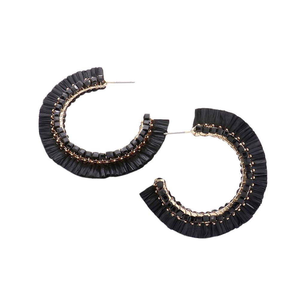 Cube Bead Embellished Raffia Hoop Earrings - Madeline Love - Flyclothing LLC