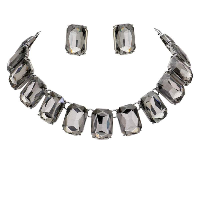 Emerald Cut Stone Link Evening Necklace Earring Set - Madeline Love - Flyclothing LLC