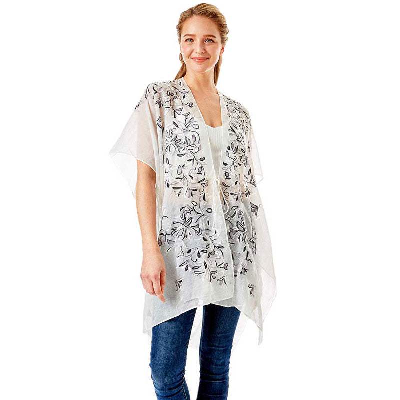 Black Embroidery Floral Cover Up Kimono Cardigan - Madeline Love - Flyclothing LLC