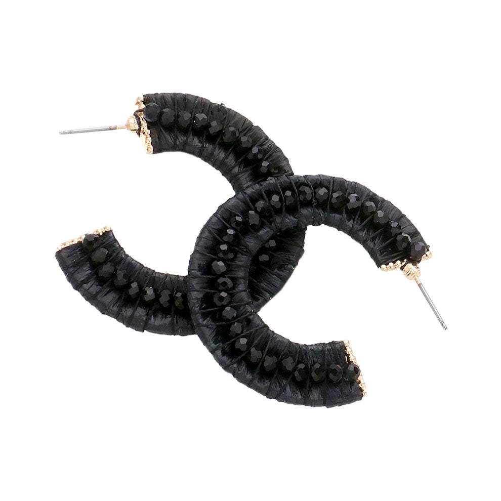 Faceted Bead Embellished Raffia Wrapped Hoop Earrings - Madeline Love - Flyclothing LLC