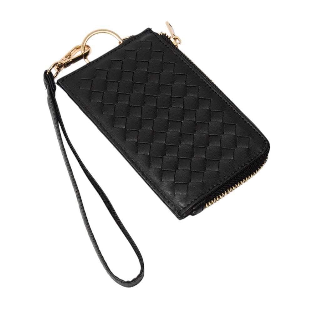 Faux Leather Basket Weave Flat Card Holder Wallet with Wristlet - Madeline Love - Flyclothing LLC