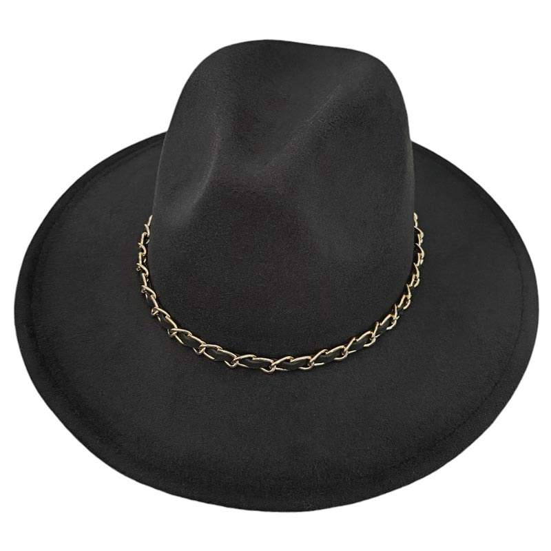Faux Leather Braided Chain Band Pointed Fedora Hat - Madeline Love - Flyclothing LLC