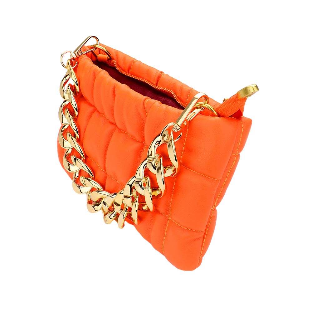 Faux Leather Padded Shoulder Crossbody Bag With Chain Strap - Madeline Love - Flyclothing LLC