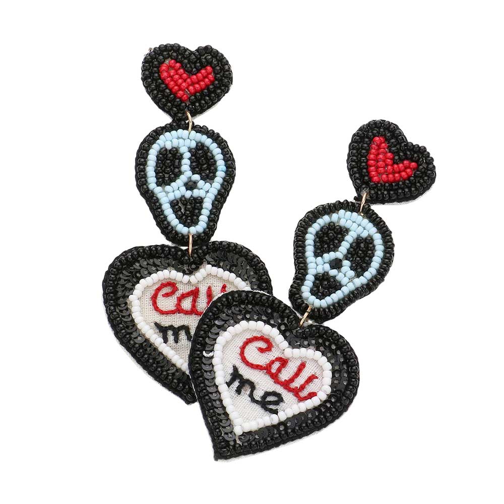 Felt Back Beaded Heart Skull Call Me Message Dangle Earrings - Madeline Love - Flyclothing LLC