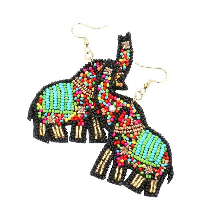 Felt Back Elephant Beaded Dangle Earrings - Madeline Love - Flyclothing LLC