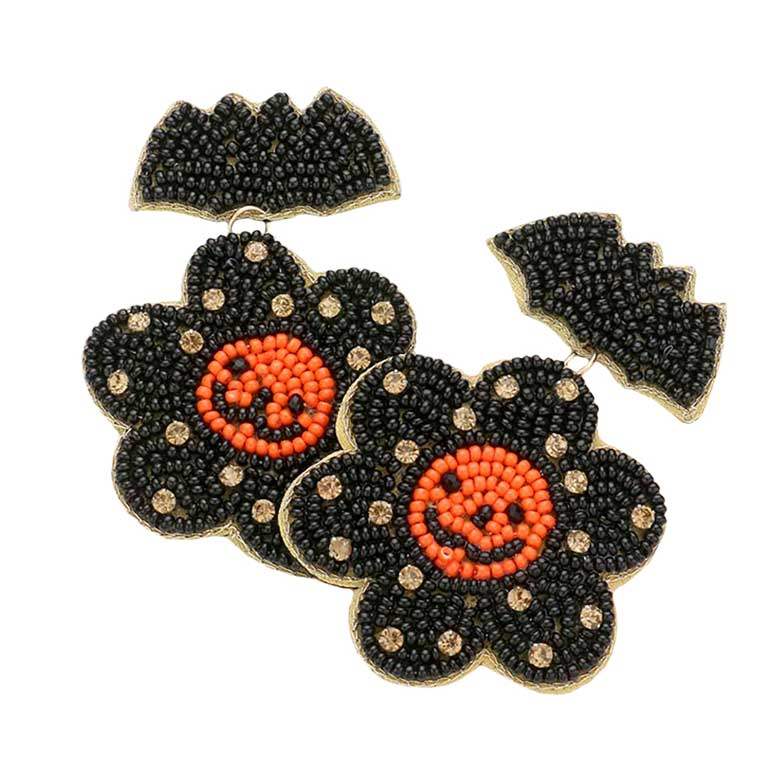 Felt Back Seed Beaded Bat Smile Flower Link Dangle Earrings - Madeline Love - Flyclothing LLC