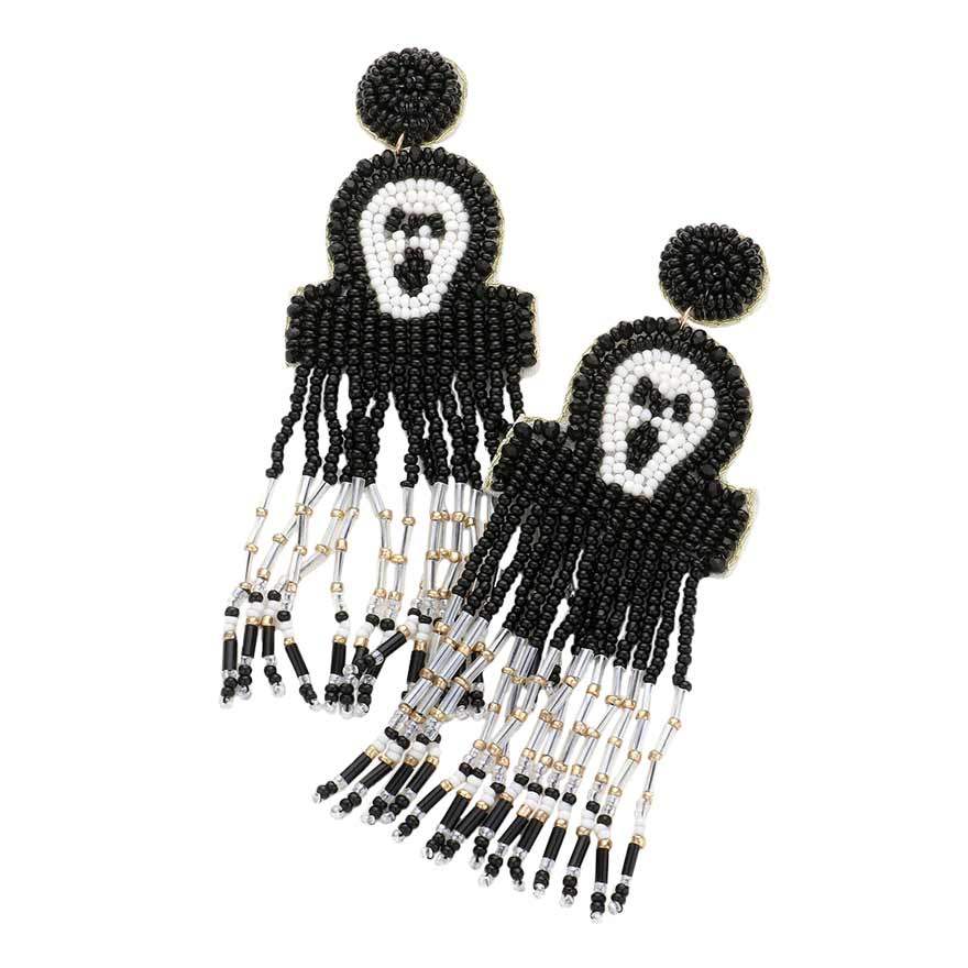 Felt Back Seed Beaded Scream Ghost Fringe Dangle Earrings - Madeline Love - Flyclothing LLC