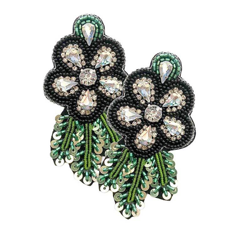 Felt Back Sequin Stone Seed Beaded Flower Leaf Earrings - Madeline Love - Flyclothing LLC