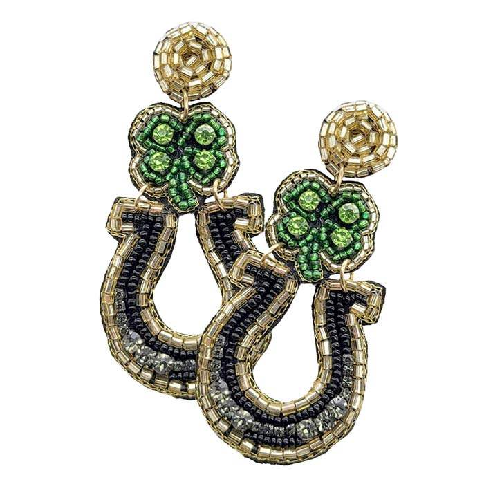 Felt Back Stone Seed Beaded Clover Horseshoe Dangle Earrings - Madeline Love - Flyclothing LLC