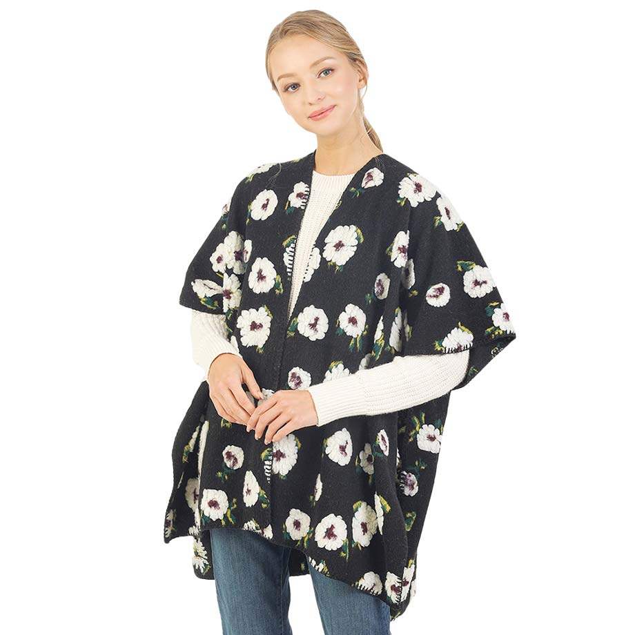 Floral Pattern Wool Blended Winter Kimono Poncho - Madeline Love - Flyclothing LLC