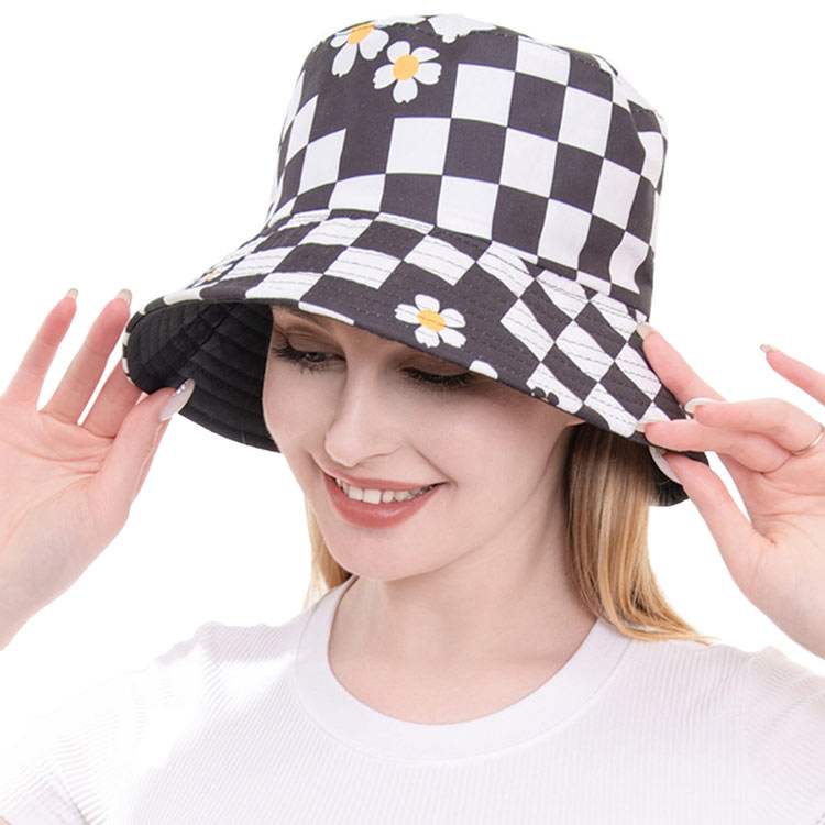 Flower Pointed Checkerboard Patterned Bucket Hat - Madeline Love - Flyclothing LLC