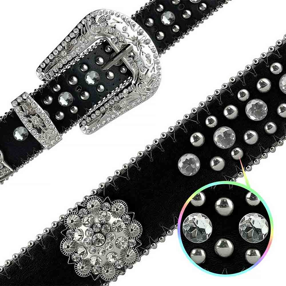 Black Flower With Studs And White Stones Studded Rhinestones Belts - Rhinestone Belt Store - Flyclothing LLC
