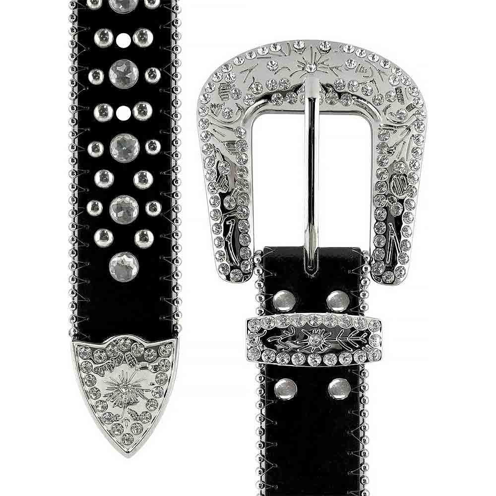 Black Flower With Studs And White Stones Studded Rhinestones Belts - Rhinestone Belt Store - Flyclothing LLC
