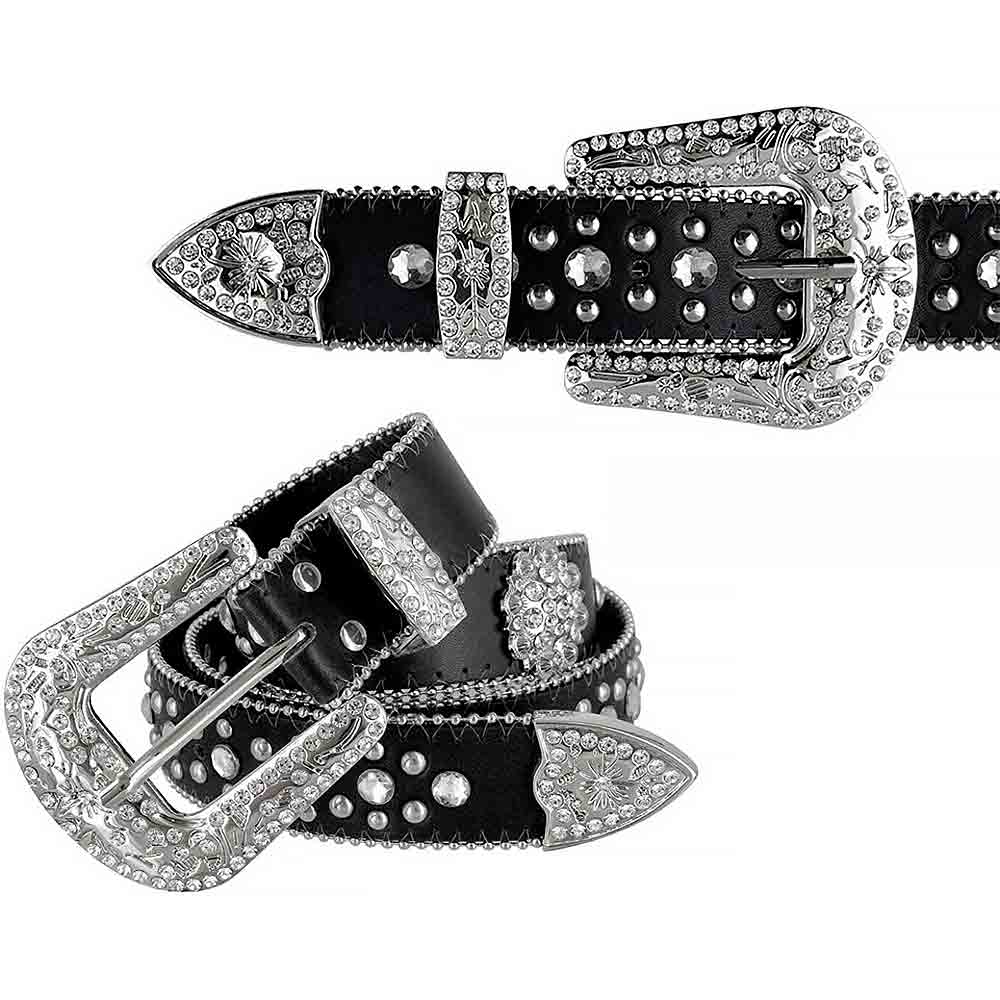 Black Flower With Studs And White Stones Studded Rhinestones Belts - Rhinestone Belt Store - Flyclothing LLC