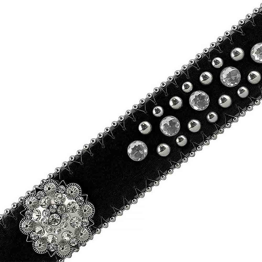 Black Flower With Studs And White Stones Studded Rhinestones Belts - Rhinestone Belt Store - Flyclothing LLC