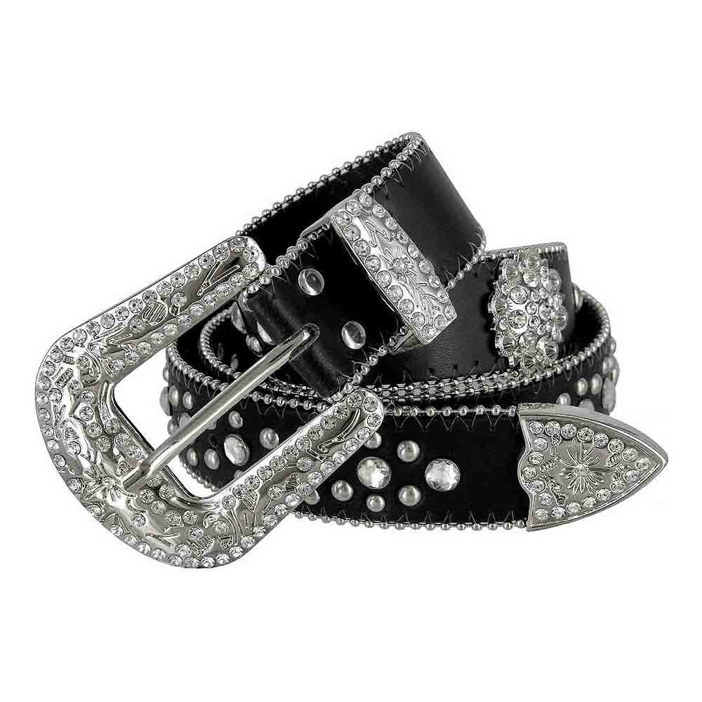 Black Flower With Studs And White Stones Studded Rhinestones Belts - Rhinestone Belt Store - Flyclothing LLC
