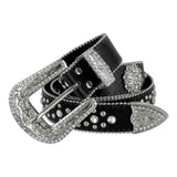 Black Flower With Studs And White Stones Studded Rhinestones Belts - Rhinestone Belt Store - Flyclothing LLC