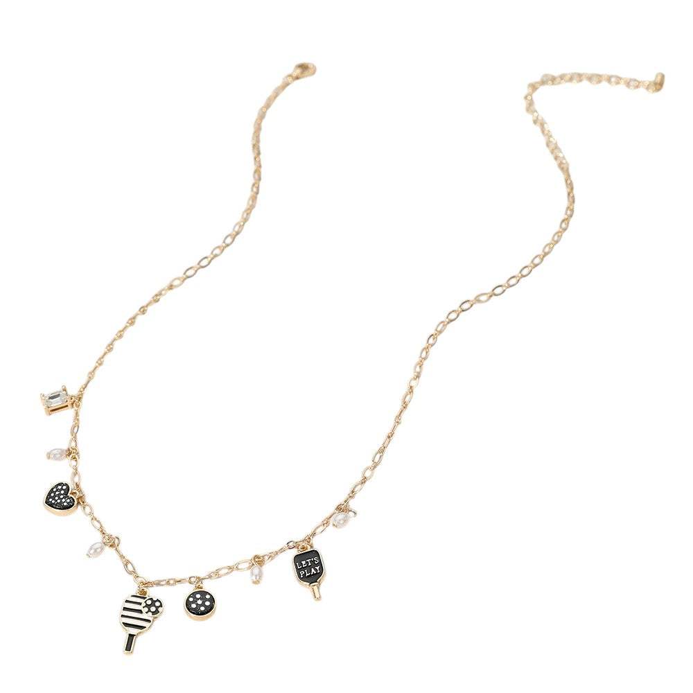 Lets Play Message Enamel Pickleball Pearl Charm Station Necklace - Madeline Love - Flyclothing LLC