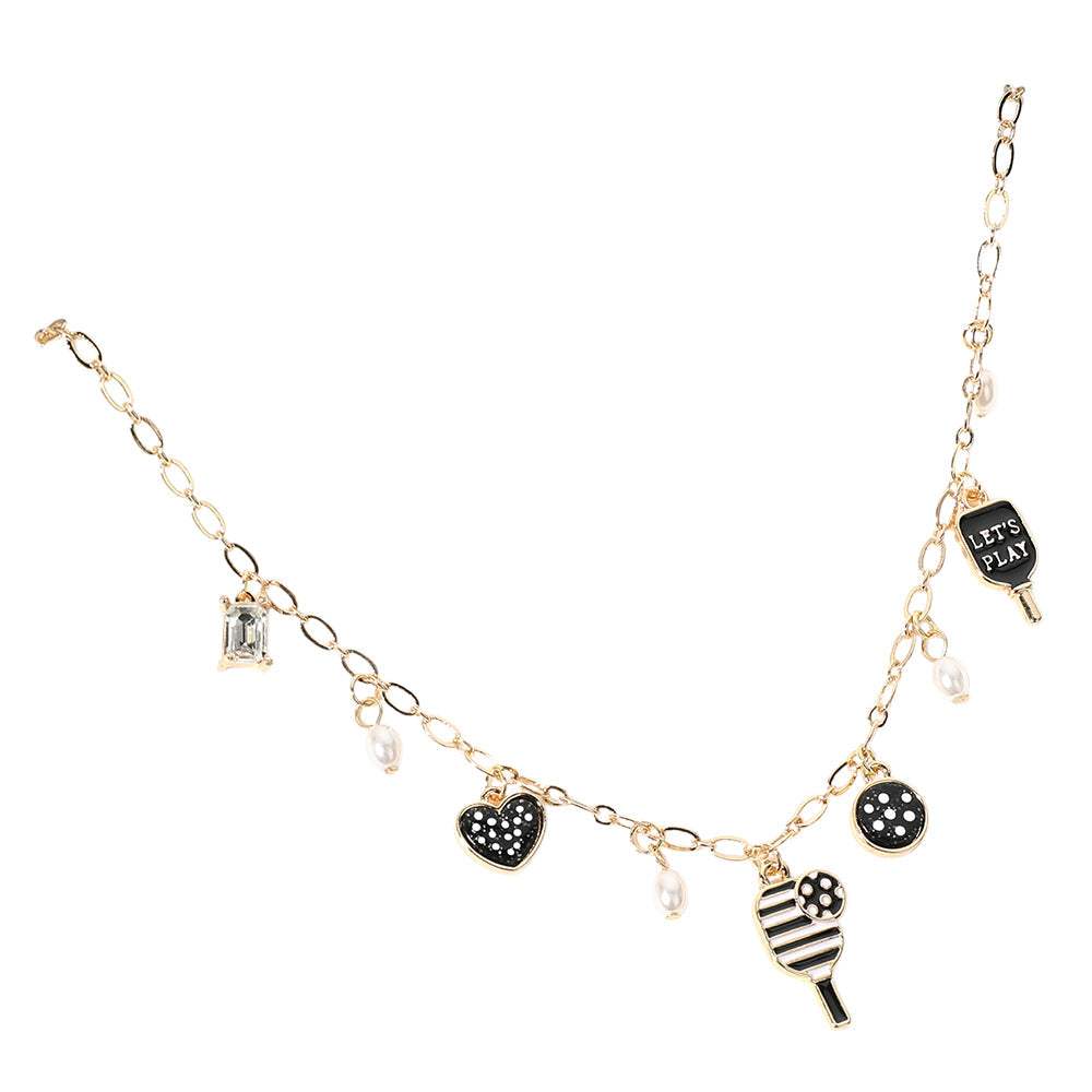 Lets Play Message Enamel Pickleball Pearl Charm Station Necklace - Madeline Love - Flyclothing LLC