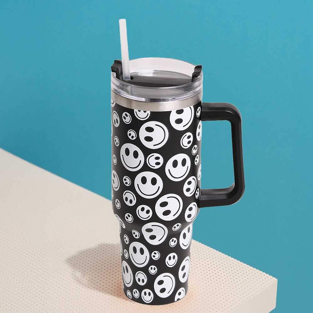 Happy Face Printed 40oz Stainless Steel Tumbler With Handle - Madeline Love - Flyclothing LLC