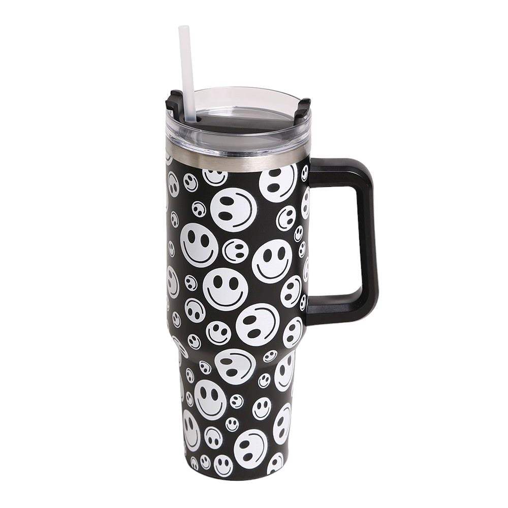 Happy Face Printed 40oz Stainless Steel Tumbler With Handle - Madeline Love - Flyclothing LLC