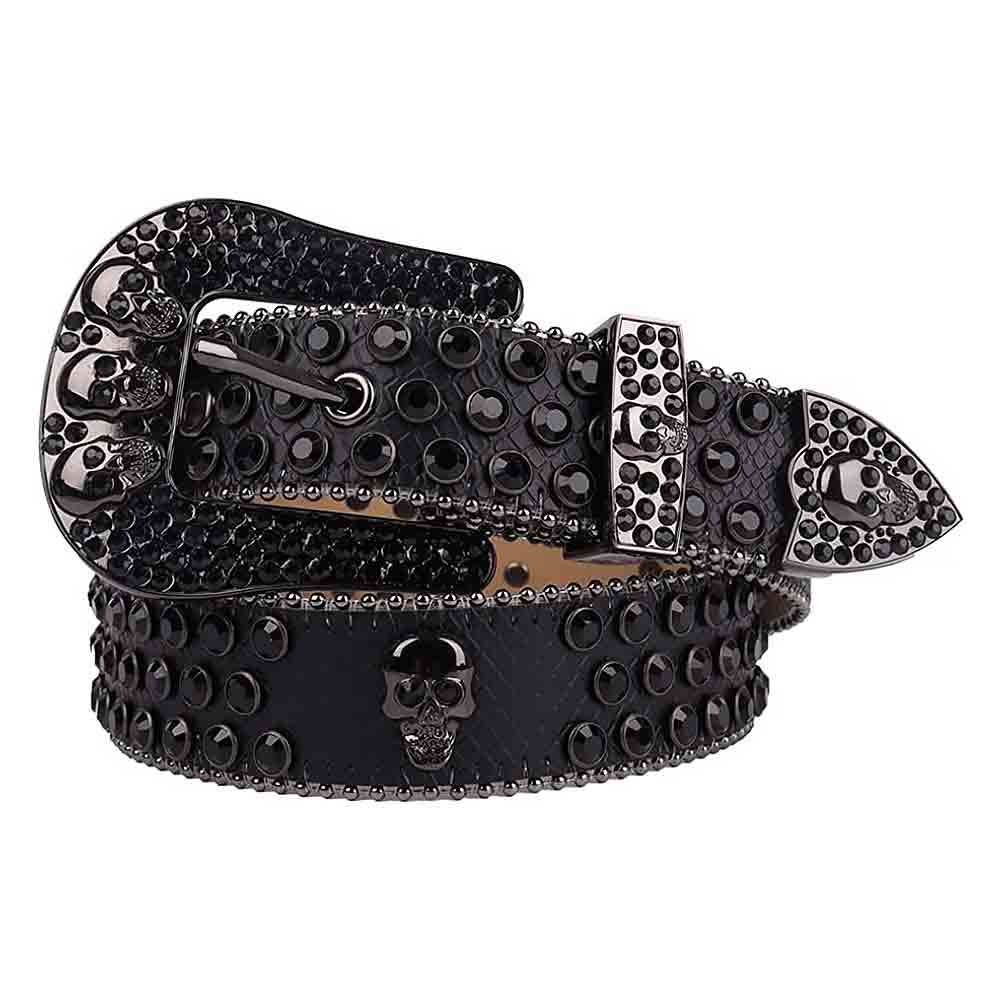 Black Leather Belt And Black Buckle Studded with Black Rhinestones - Rhinestone Belt Store - Flyclothing LLC