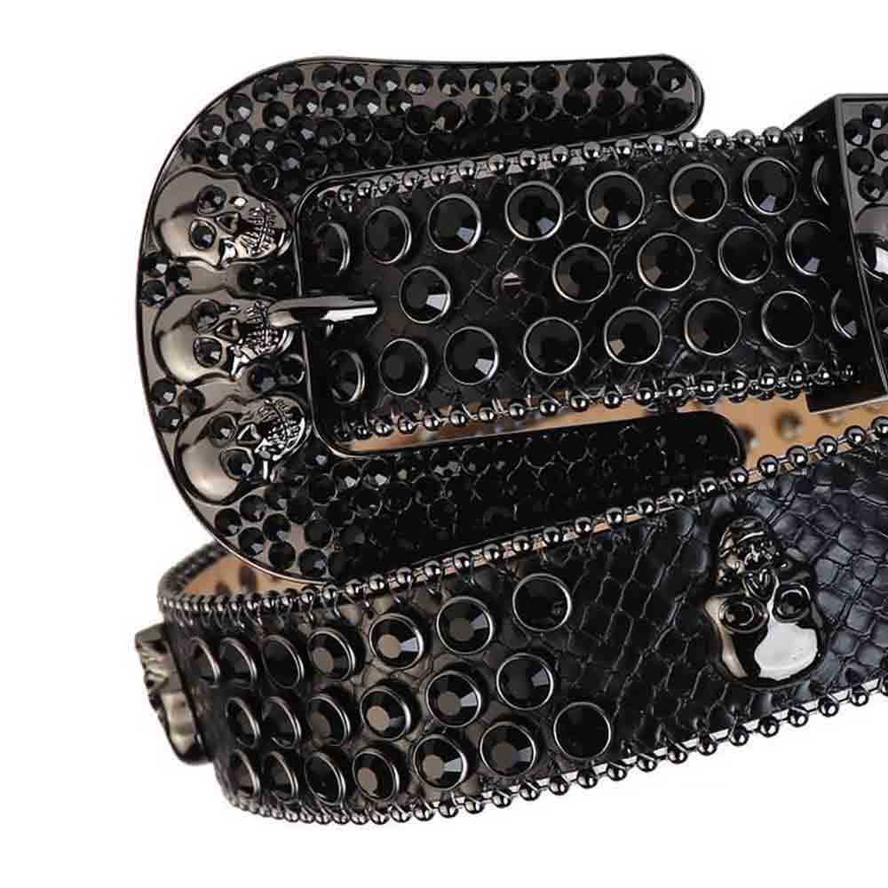 Black Leather Belt And Black Buckle Studded with Black Rhinestones - Rhinestone Belt Store - Flyclothing LLC