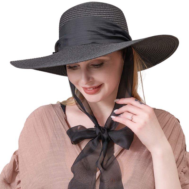 Mesh Ribbon Floppy Straw Sun Hat - Madeline Love - Flyclothing LLC