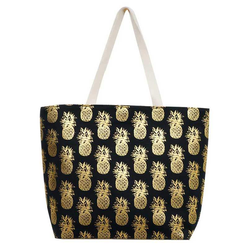 Metallic Pineapple Patterned Beach Tote Bag - Madeline Love - Flyclothing LLC