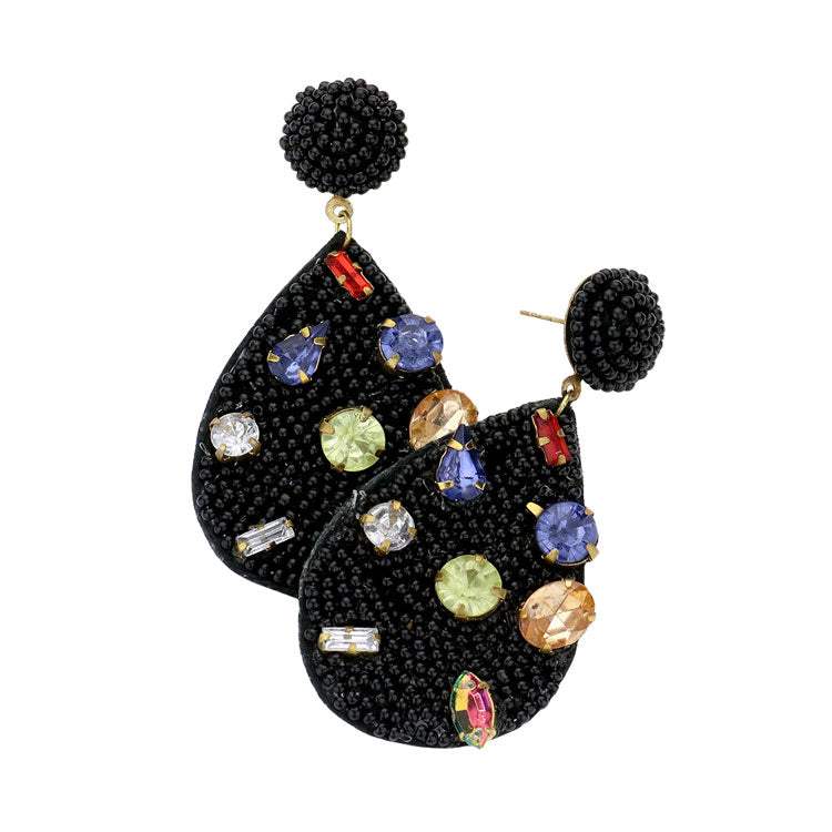 Multi Stone Embellished Seed Beaded Teardrop Dangle Earring - Madeline Love - Flyclothing LLC
