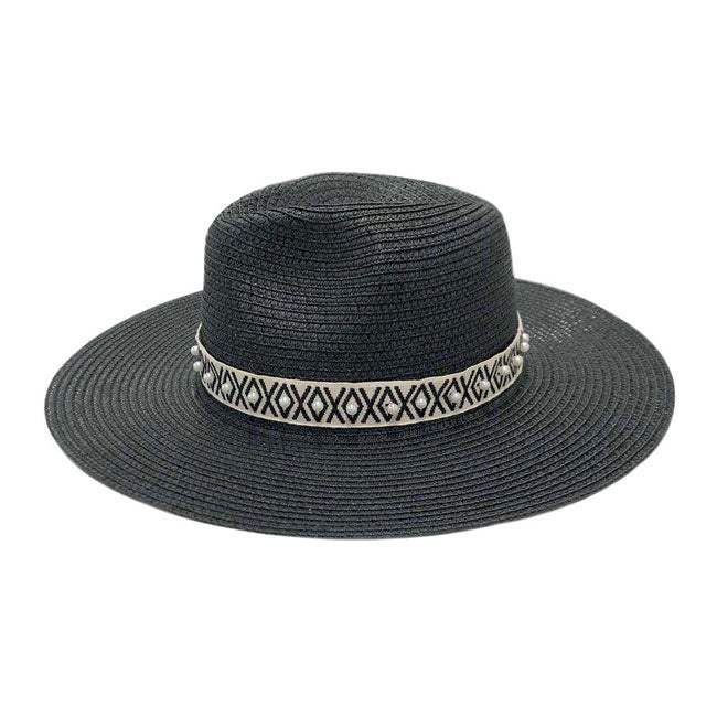 Pearl Embellished Aztec Band Panama Sun Hat - Madeline Love - Flyclothing LLC