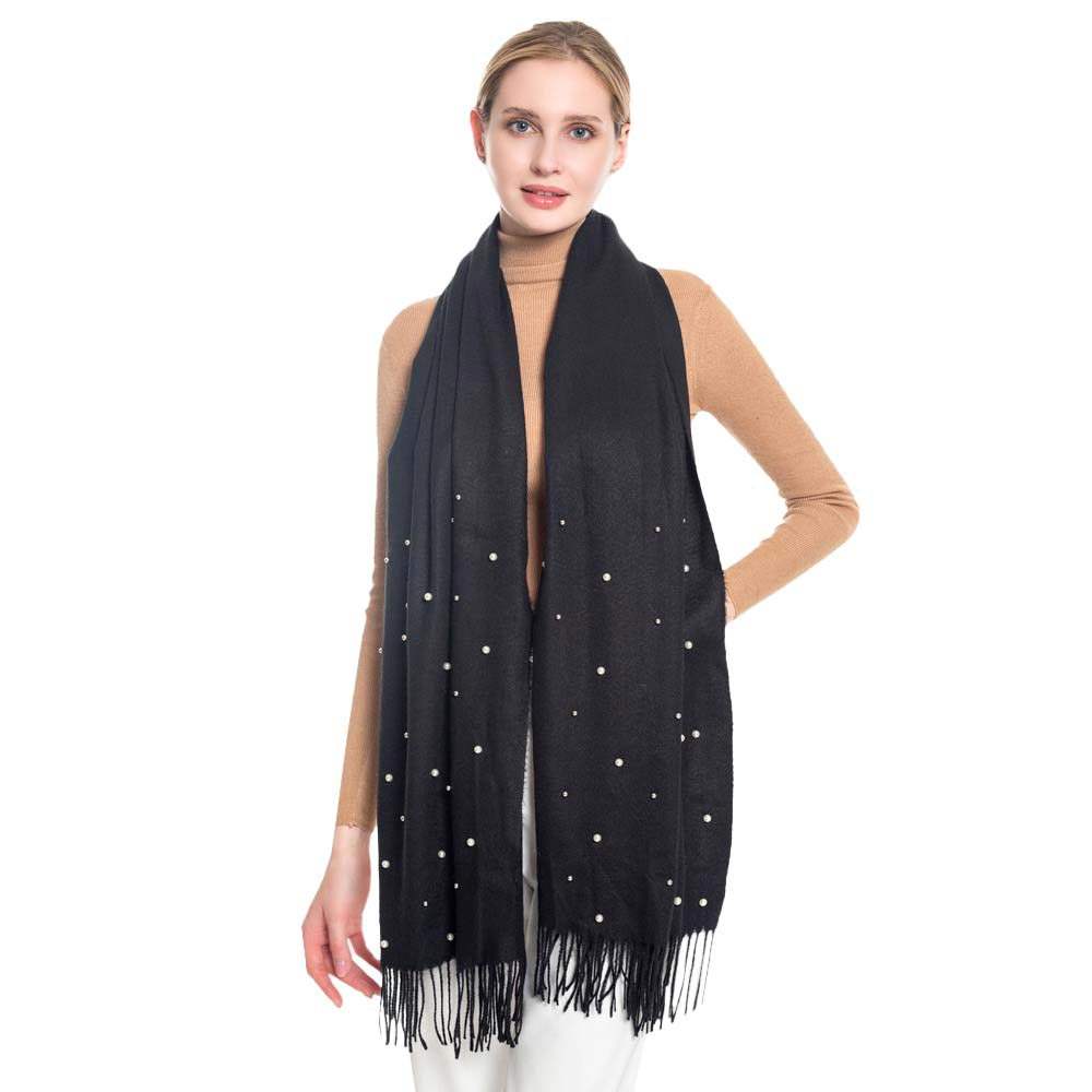Pearl Embellished Solid Oblong Scarf - Madeline Love - Flyclothing LLC