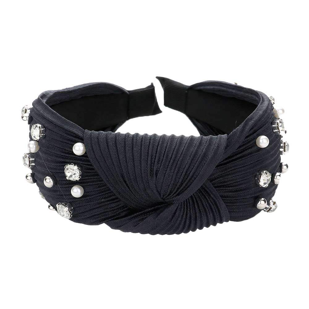 Pearl Metal Ball Round Stone Knot Burnout Pleated Headband - Madeline Love - Flyclothing LLC