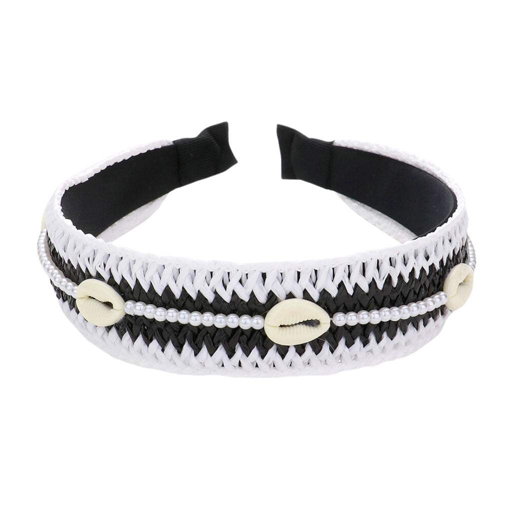 Pearl Puka Shell Embellished Woven Straw Headband - Madeline Love - Flyclothing LLC