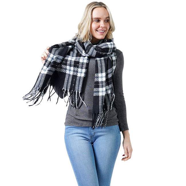 Plaid Check Oblong Scarf With Tassel - Madeline Love - Flyclothing LLC
