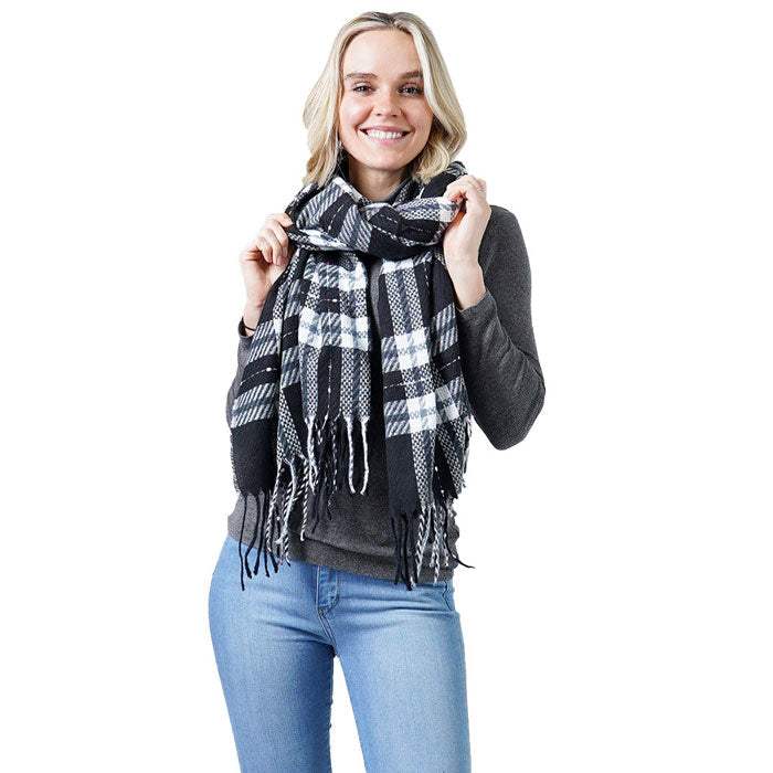 Plaid Check Oblong Scarf With Tassel - Madeline Love - Flyclothing LLC