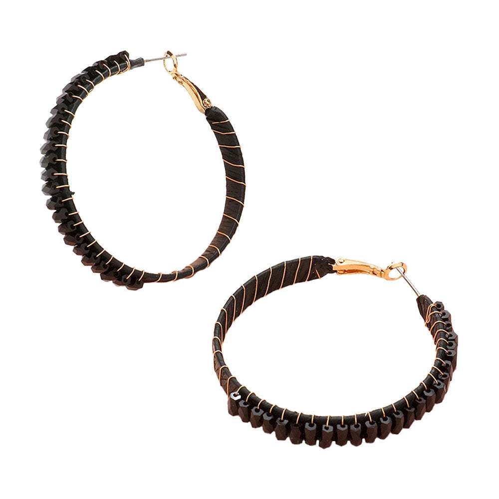 Rectangle Bead Trimmed Raffia Wrapped Hoop Earrings - Madeline Love - Flyclothing LLC